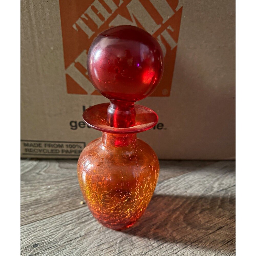 Vintage Rainbow Art Glass Amberina Crackle Glass Decanter Orb Stopper MCM Red